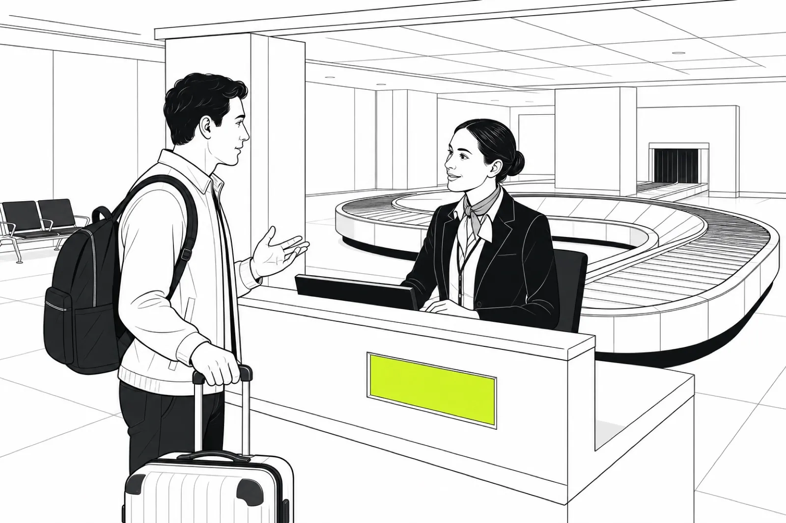 Illustration of a traveller at a baggage-services desk with an attendant and an empty baggage carousel curving behind them