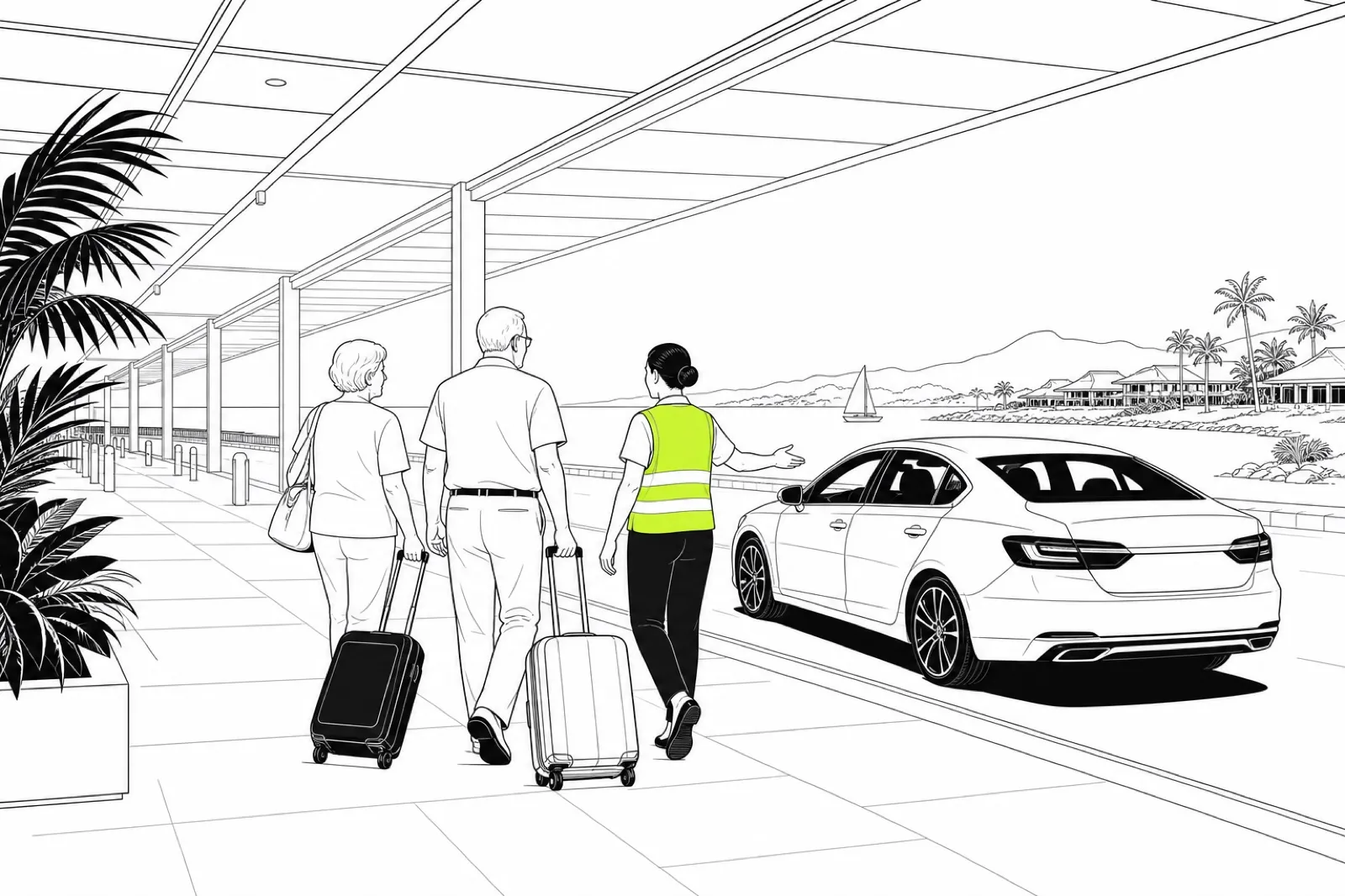 Illustration of a bayside resort-gateway airport with an assistant walking a retired couple to a waiting car under a canopy