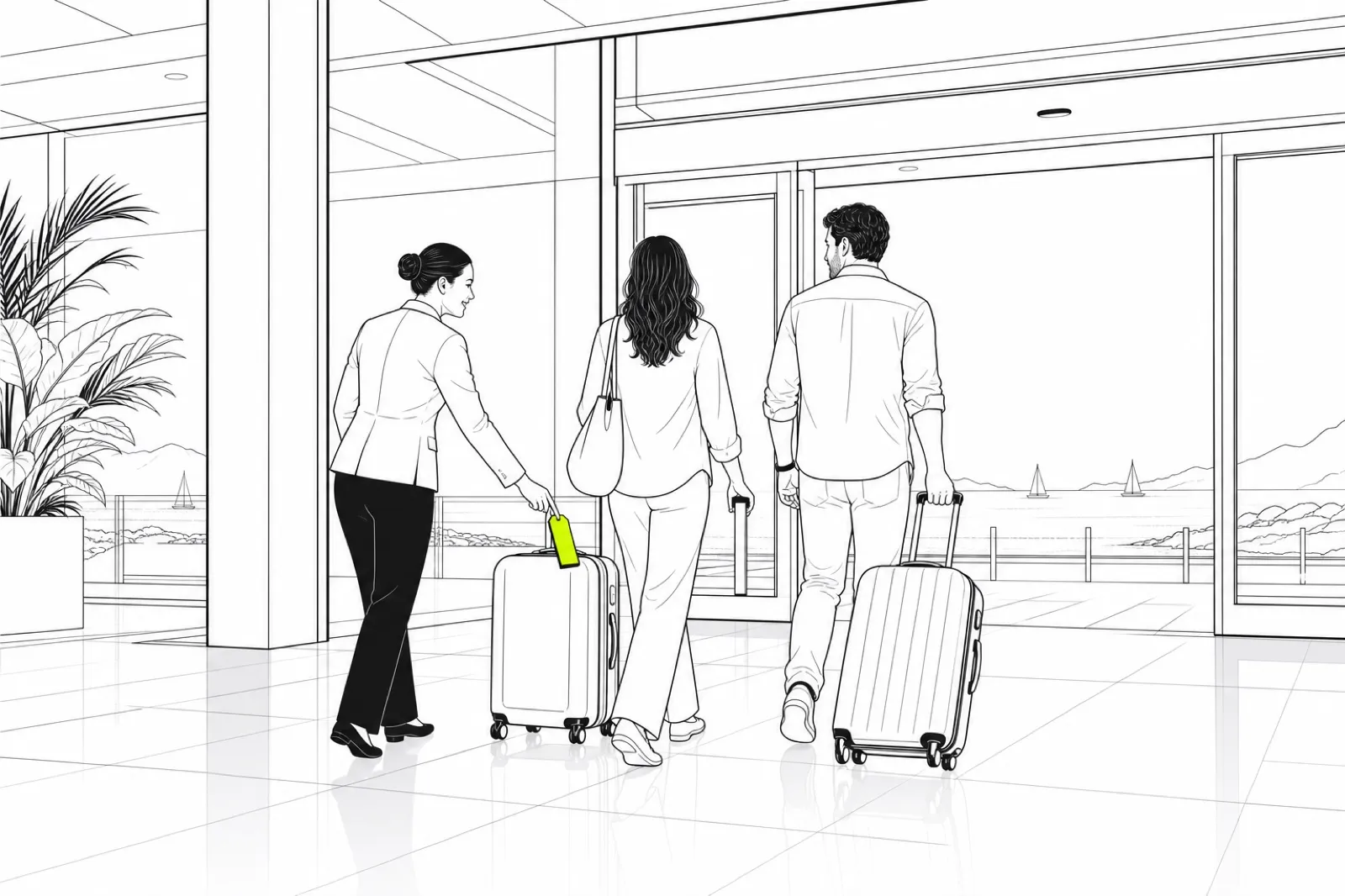 Illustration of a modern coastal airport arrival hall with sea light coming through and an assistant helping a couple with their bags