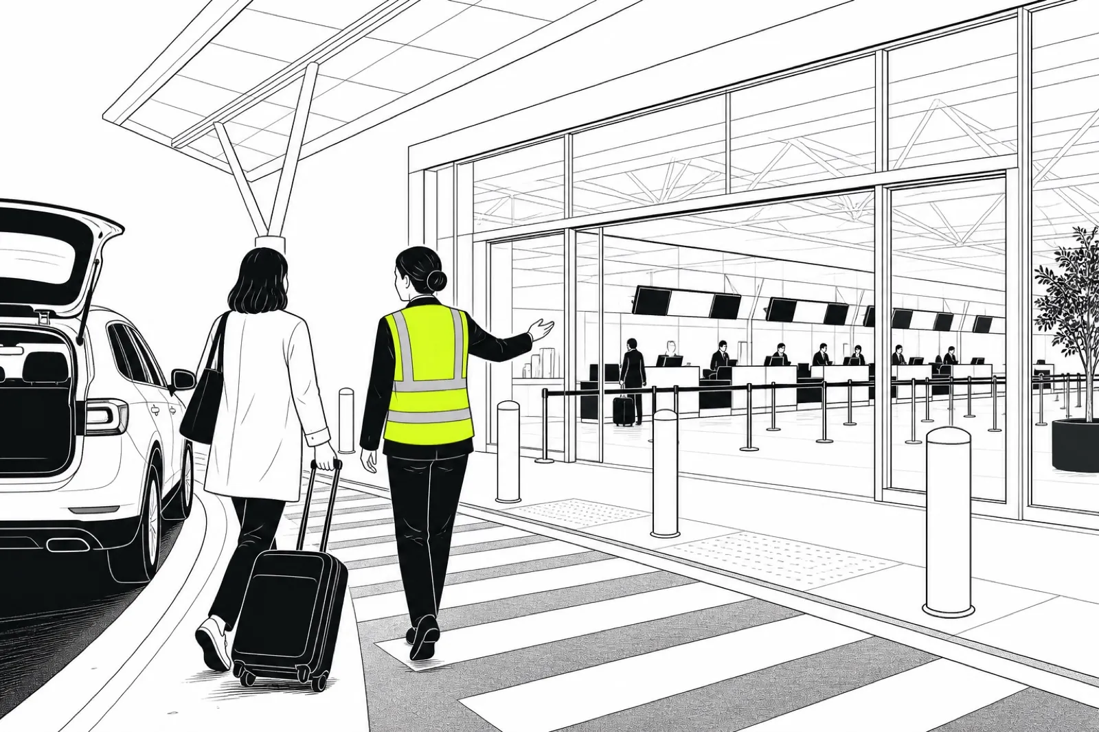 Illustration of an assistant meeting a traveller at the kerb at dawn and escorting them toward glowing check-in desks