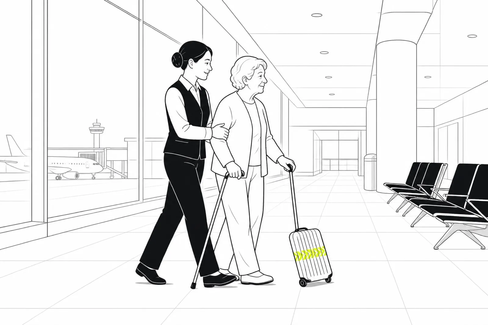 Illustration of an assistant walking beside an elderly traveller with a cane, carrying her small suitcase through a calm terminal