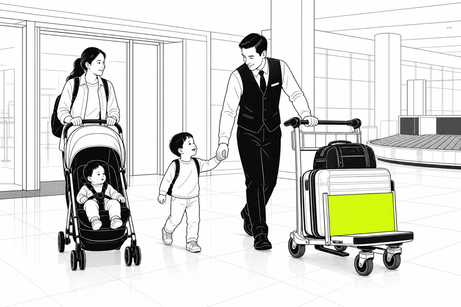 Illustration of a young family at arrivals with a stroller, a toddler holding an assistant's hand and a wheeled luggage trolley