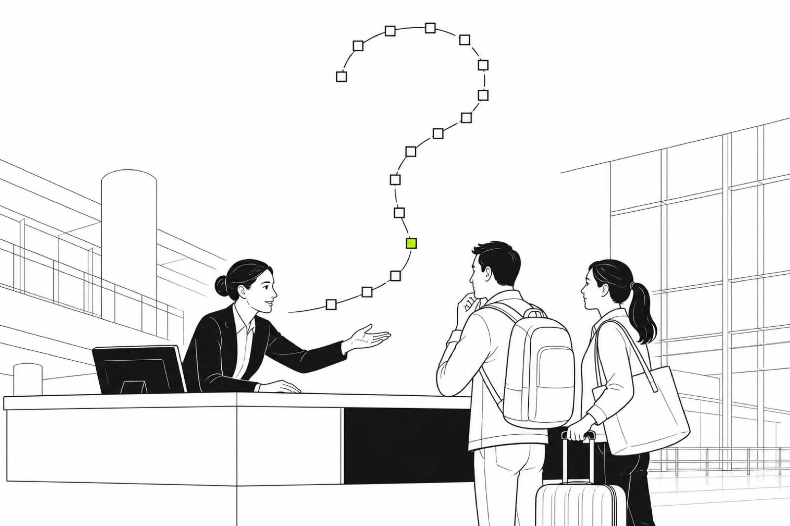 Illustration of an information desk attendant leaning forward helpfully toward two travellers beneath a curling waypoint route