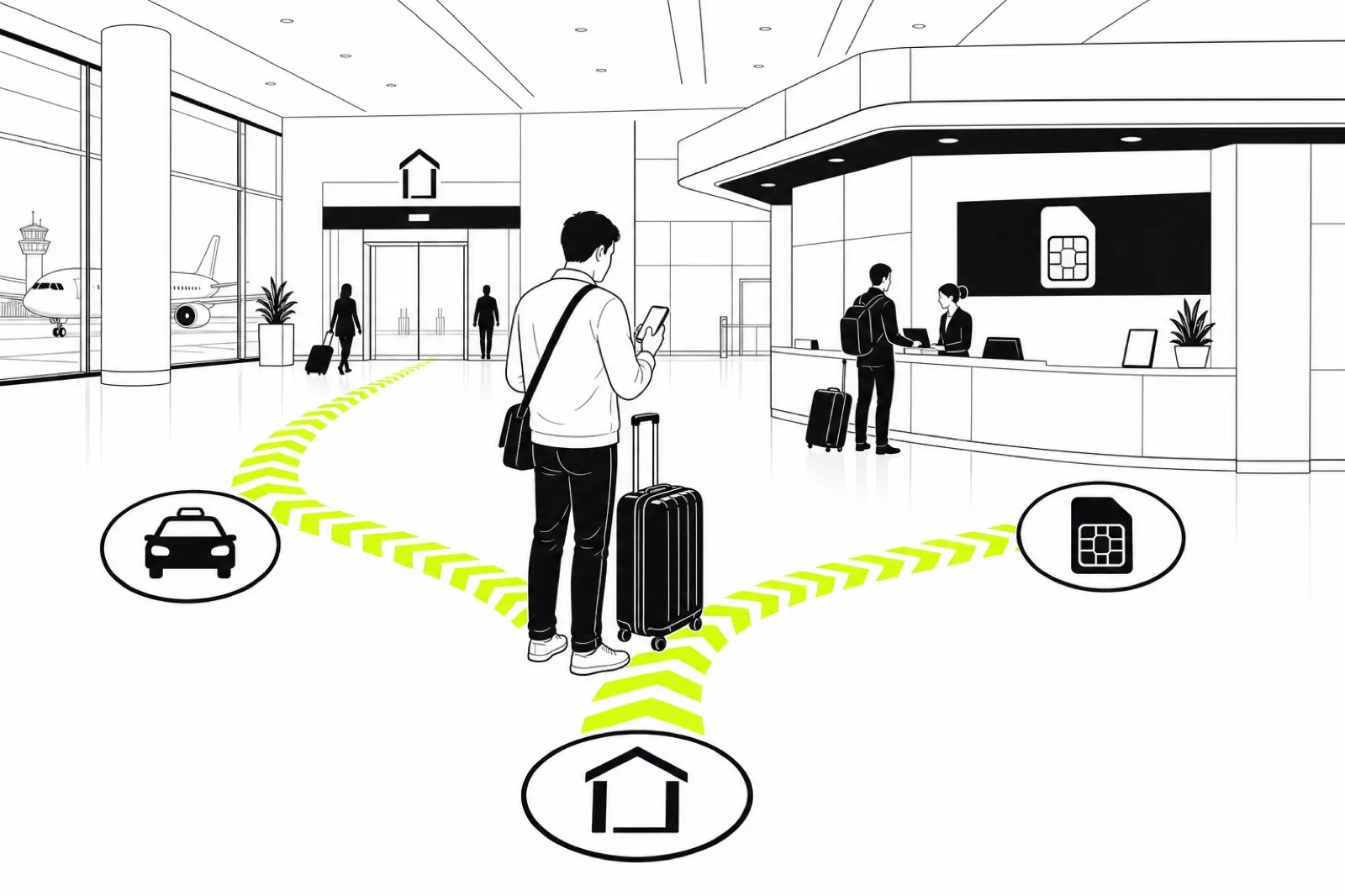 Illustration of a first-time visitor in an arrivals hall checking a phone, with gentle waypoint markers suggesting the path ahead