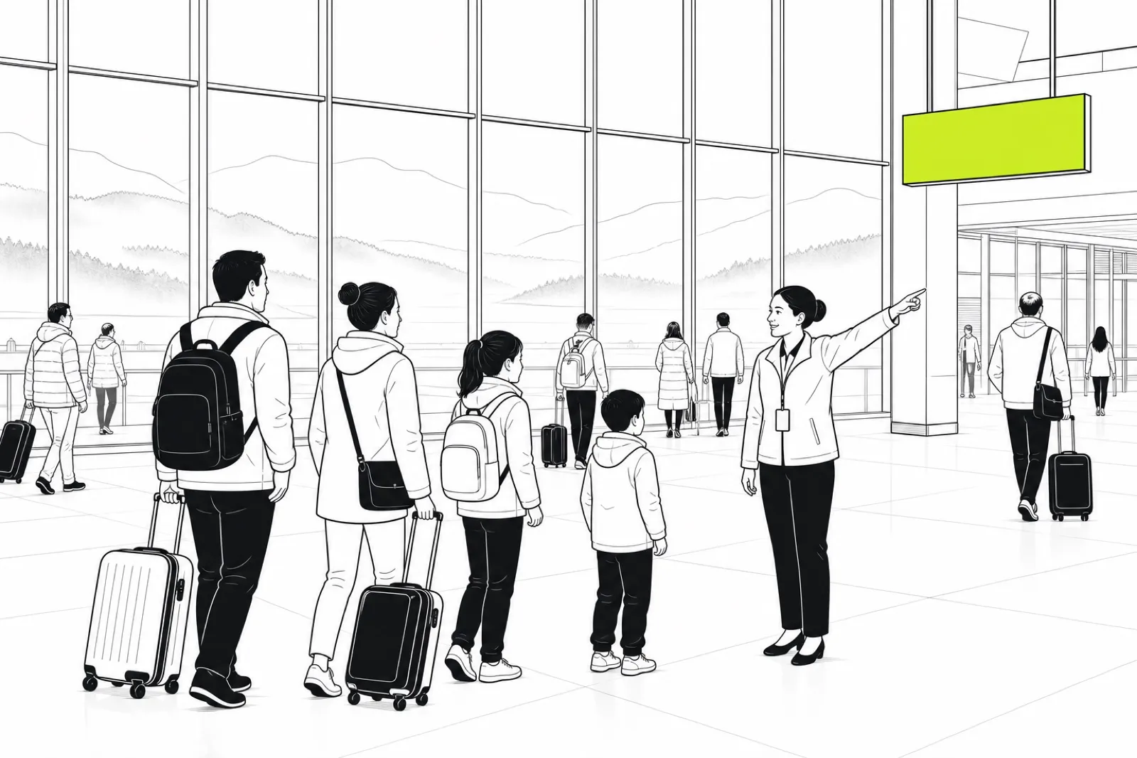 Illustration of an airport arrival scene with tall glass walls, misty hills outside and an assistant pointing the way for a family