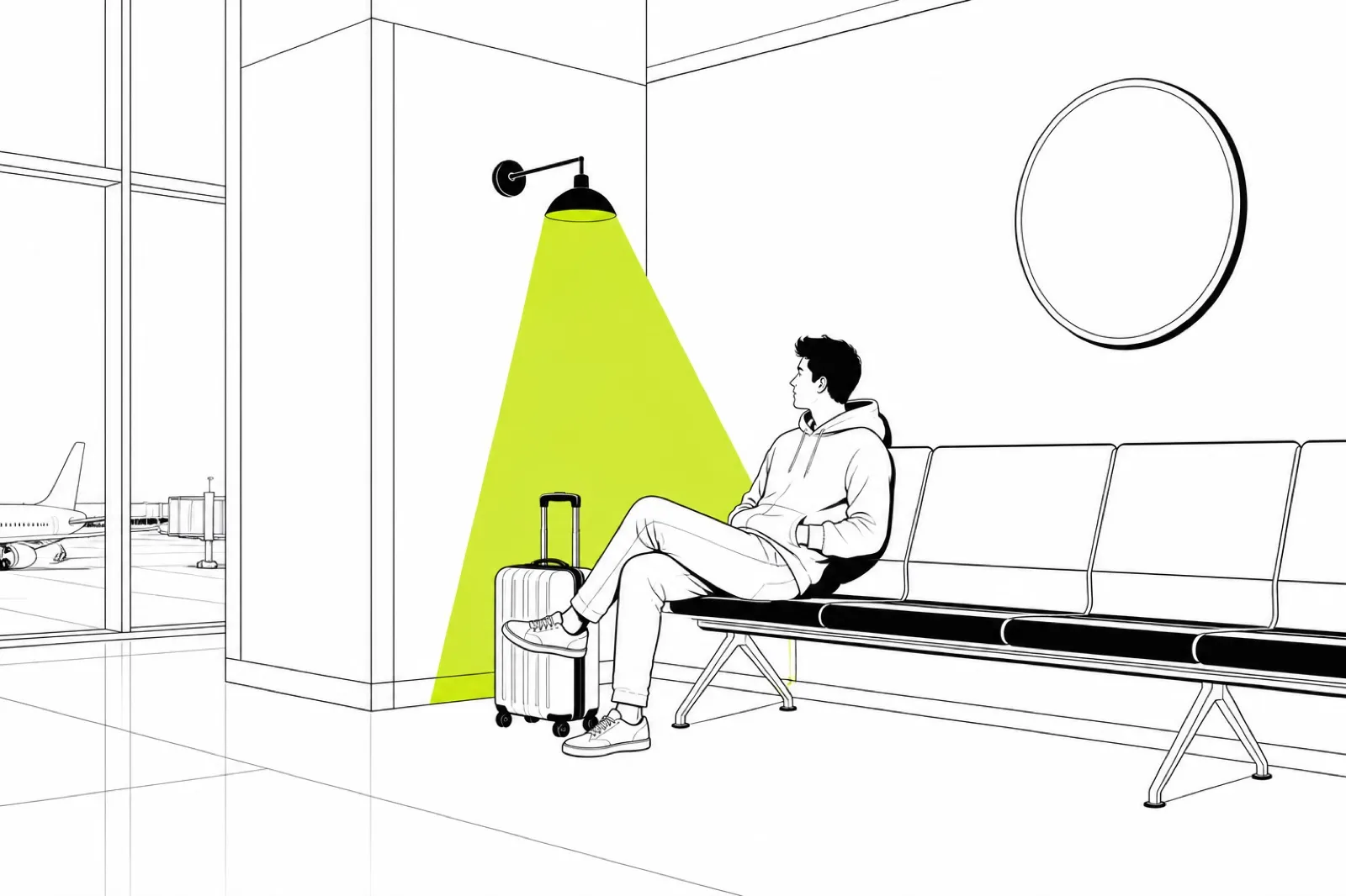 Illustration of a traveller resting in a quiet terminal corner with a bench, small suitcase and a large soft clock face on the wall