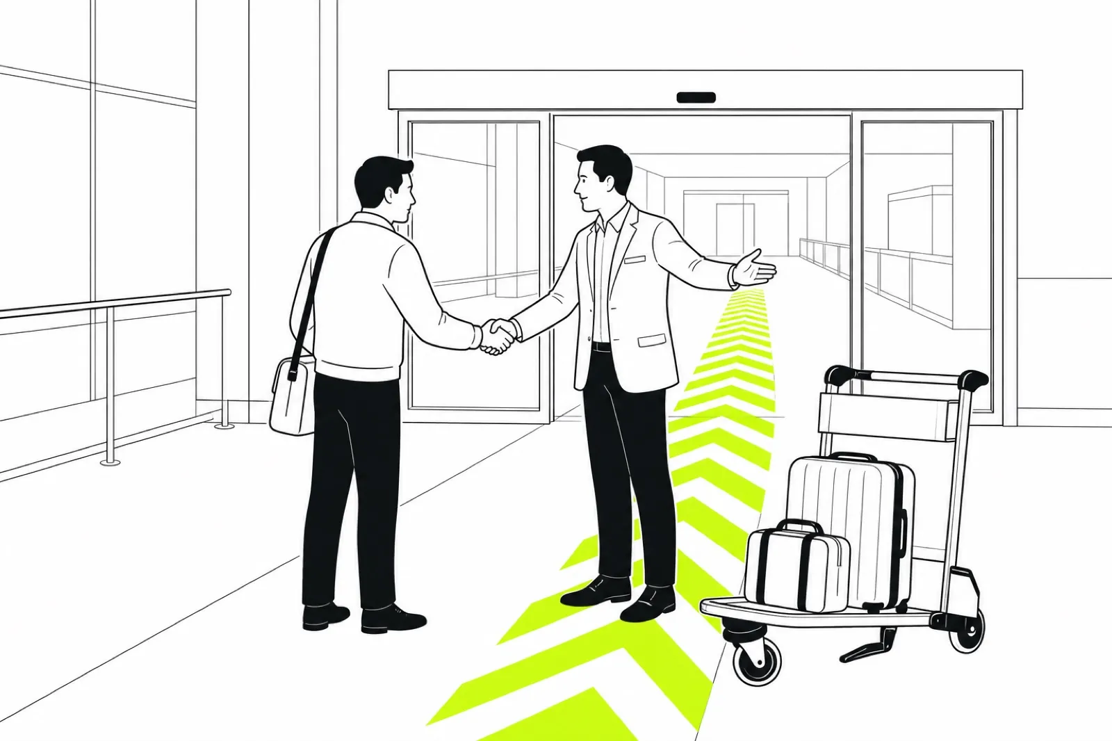Illustration of a greeter and traveller shaking hands at an arrivals exit with a luggage trolley ready beside them