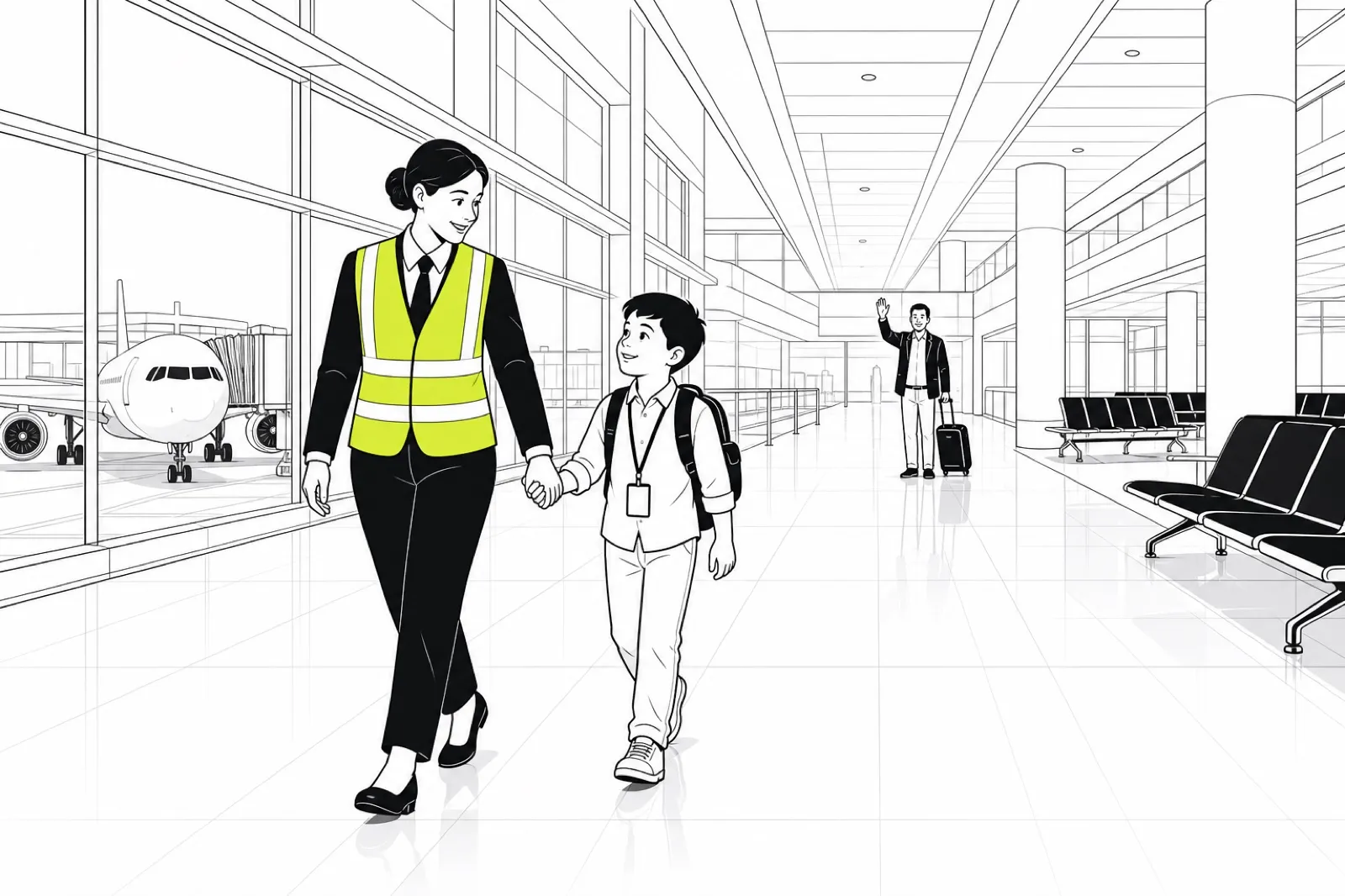Illustration of a child with a small backpack and lanyard walking hand in hand with a uniformed escort through a terminal