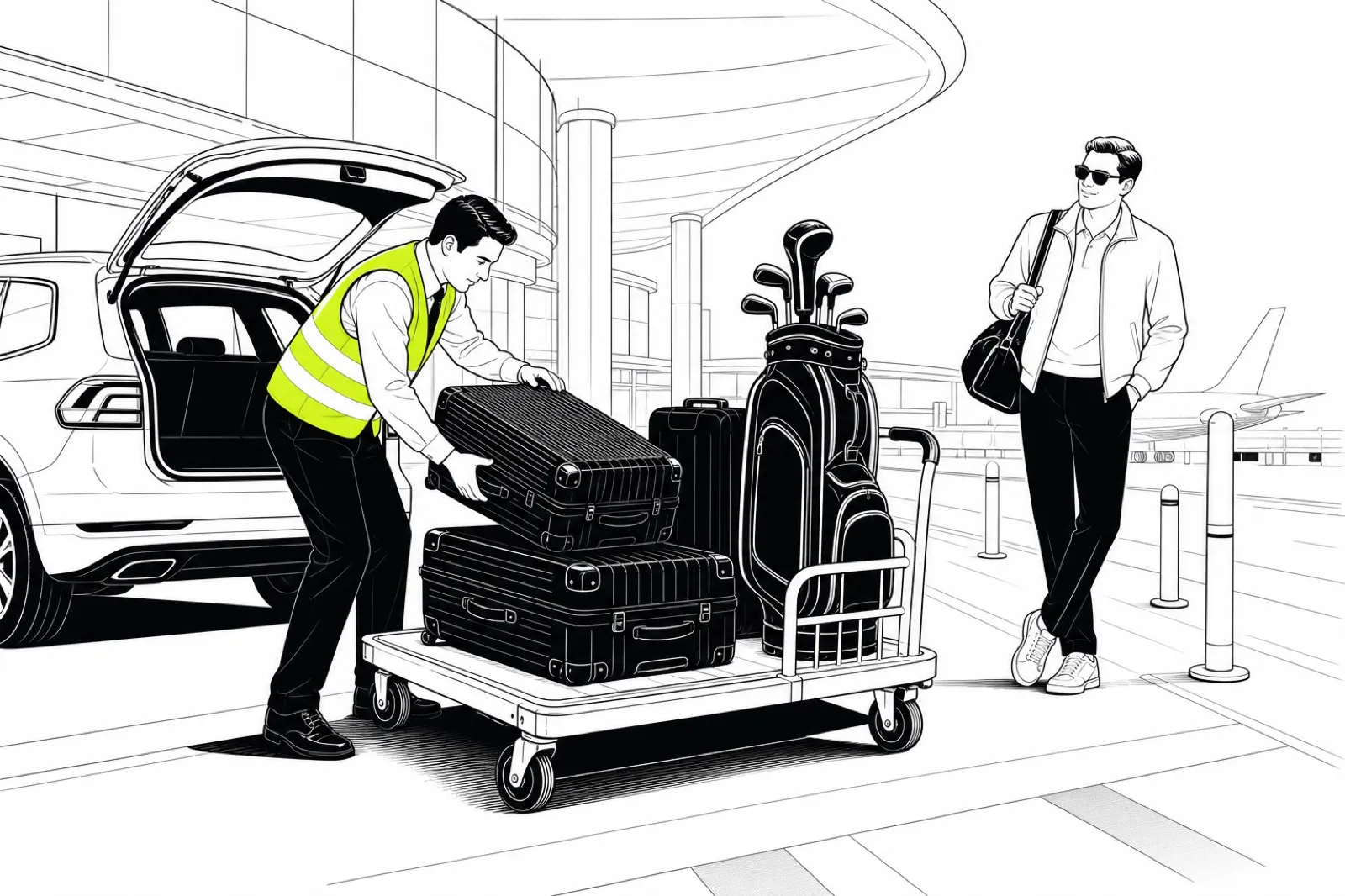 Illustration of a porter loading several large suitcases and a golf bag onto a trolley while the traveller stands nearby