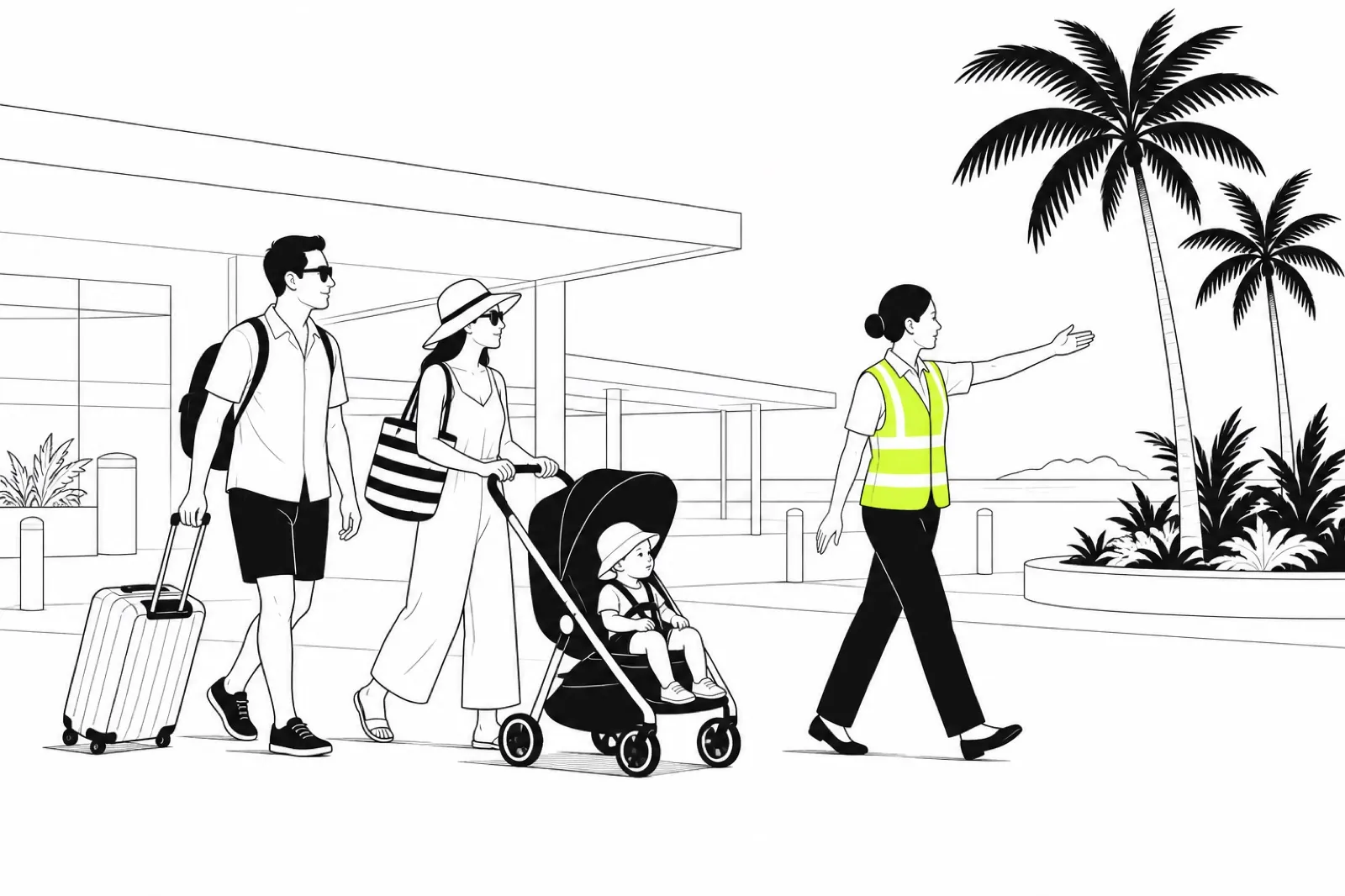 Illustration of a tropical island airport arrival with an assistant guiding a family with a stroller past palm silhouettes