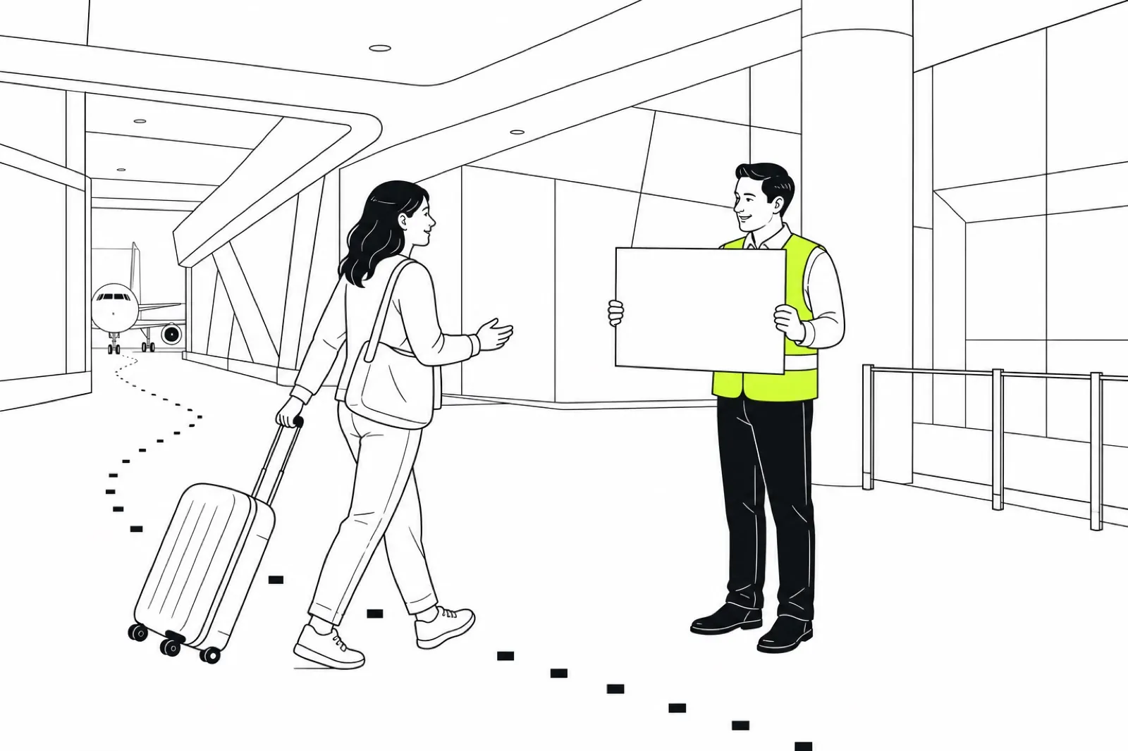 Illustration of a greeter holding a welcome board meeting a relieved traveller at an arrivals gate, waypoint squares dotting the floor route
