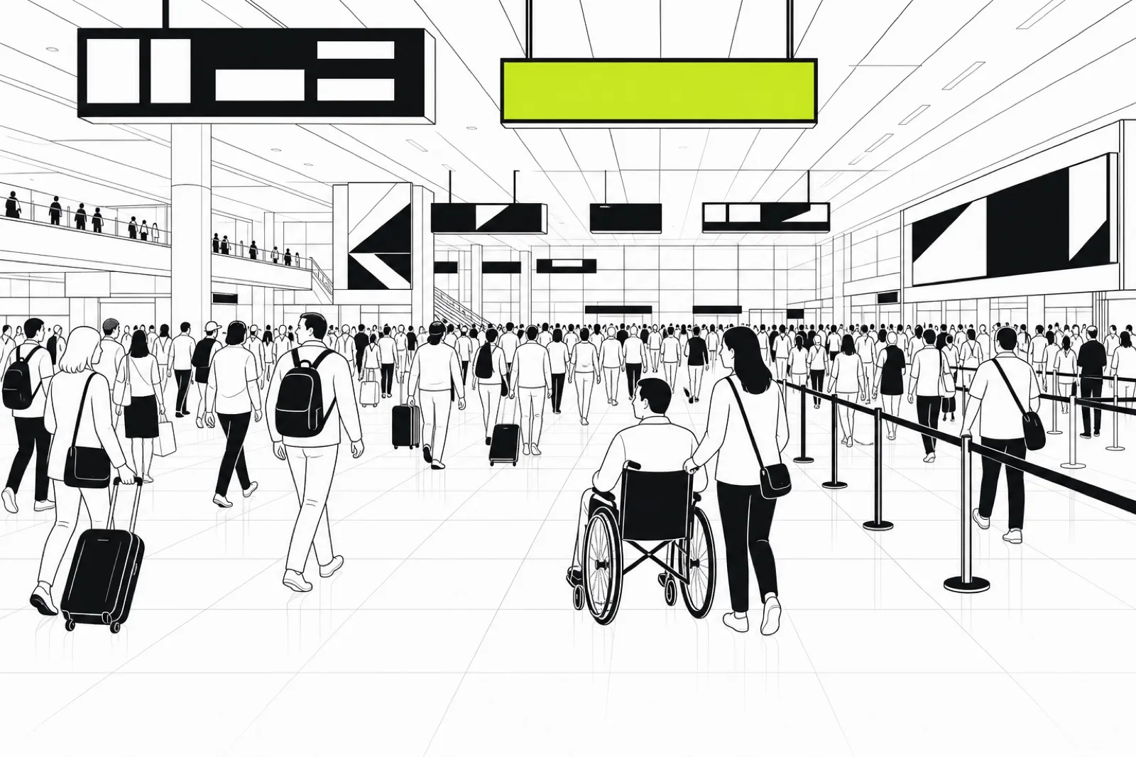Illustration of a vast busy arrivals hall with one assisted traveller and companion moving calmly through the crowd