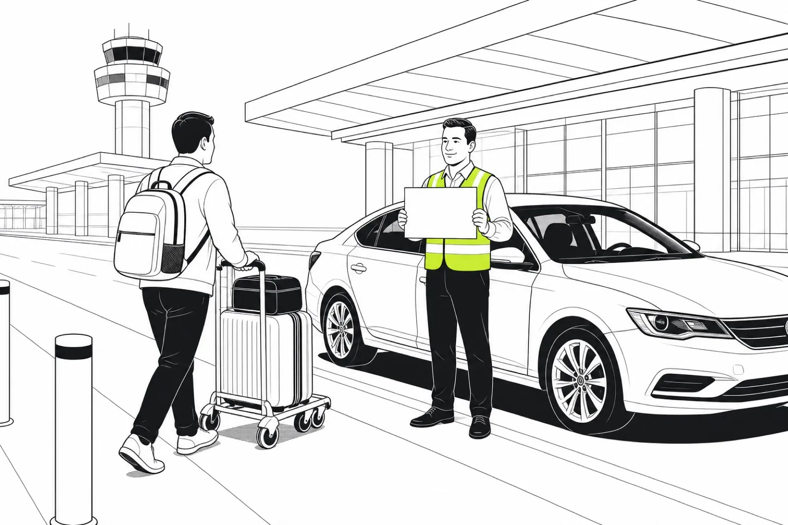 Illustration of a driver holding a sign beside a clean sedan at an airport pickup zone as a traveller approaches with a trolley