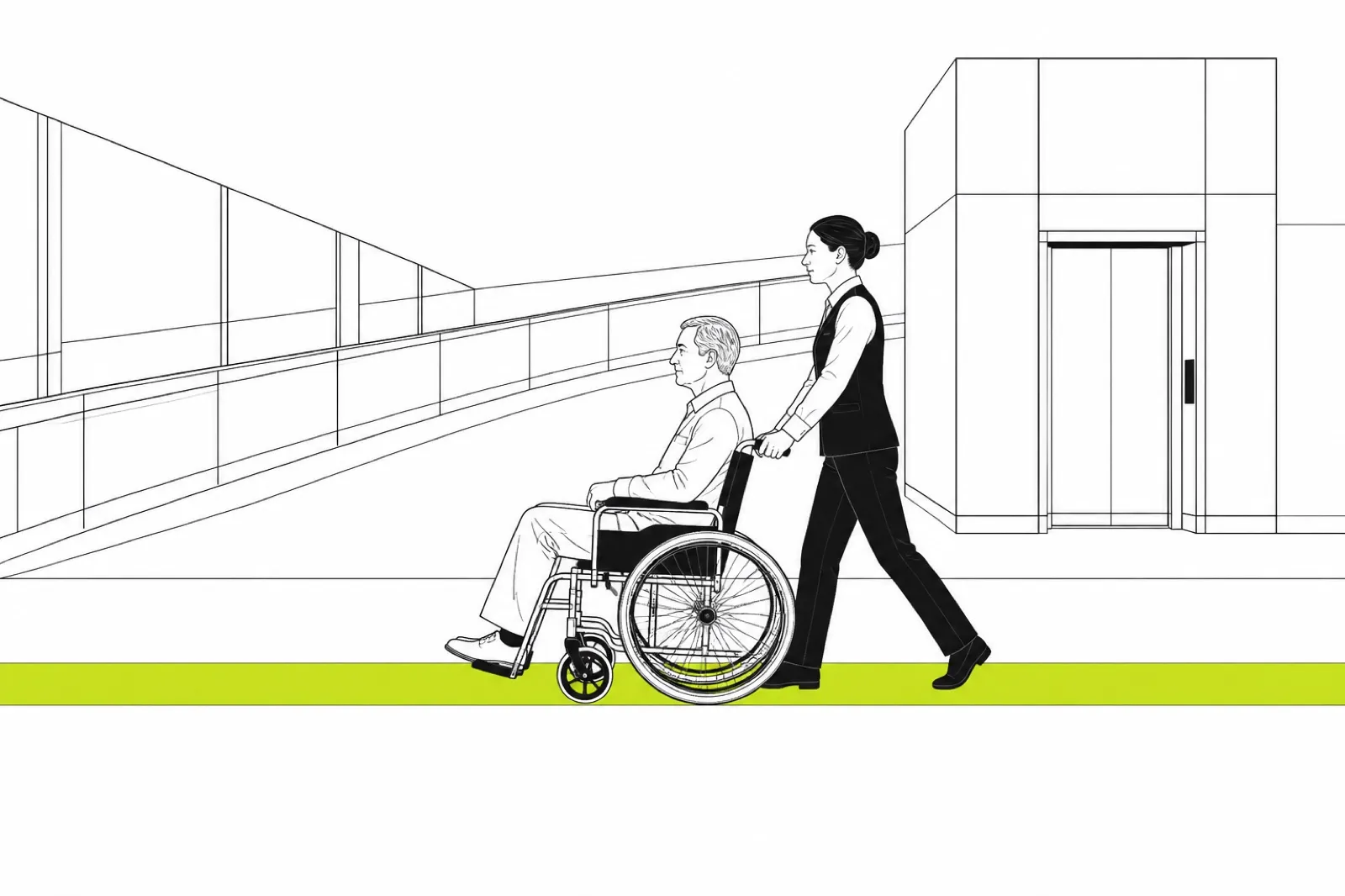 Illustration of an airport staff member pushing a traveller in a wheelchair along a smooth accessible route